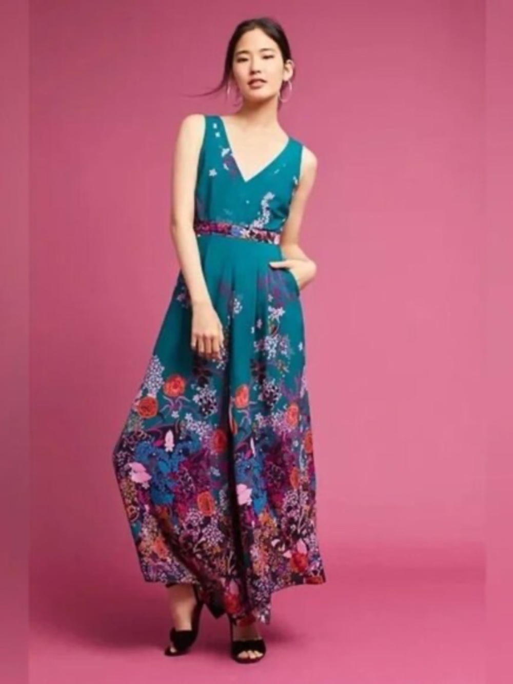 Anthropologie Maeve Andalusia Teal Floral Sleeveless Jumpsuit, US Size 10